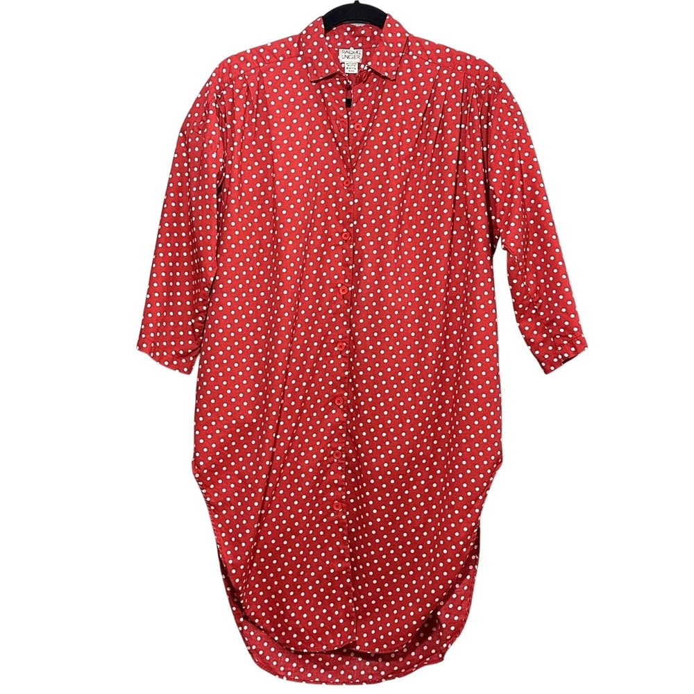 VTG 90s Womens Night Shirt OS Oversized Red Polka Dot Sleep Caftan MuuMuu Retro